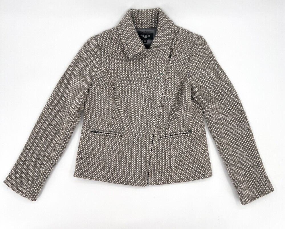 Talbots Blazer Jacket Womens 2 Petite Brown tweed Zip Wool Diagonal Zipper Work